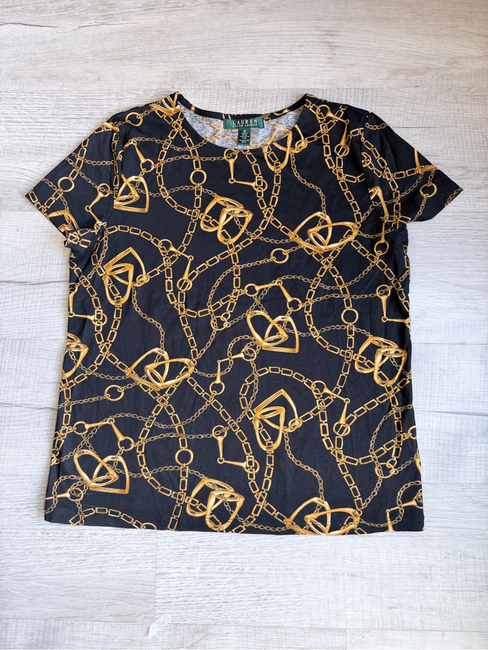 Lauren Ralph Lauren Black Gold Equestrian Horse Bit Chain Print Tee Top Medium